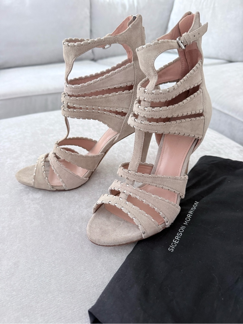 Sigerson Morrison Light Taupe Suede Strappy High Heel Sandals Sz 8.5